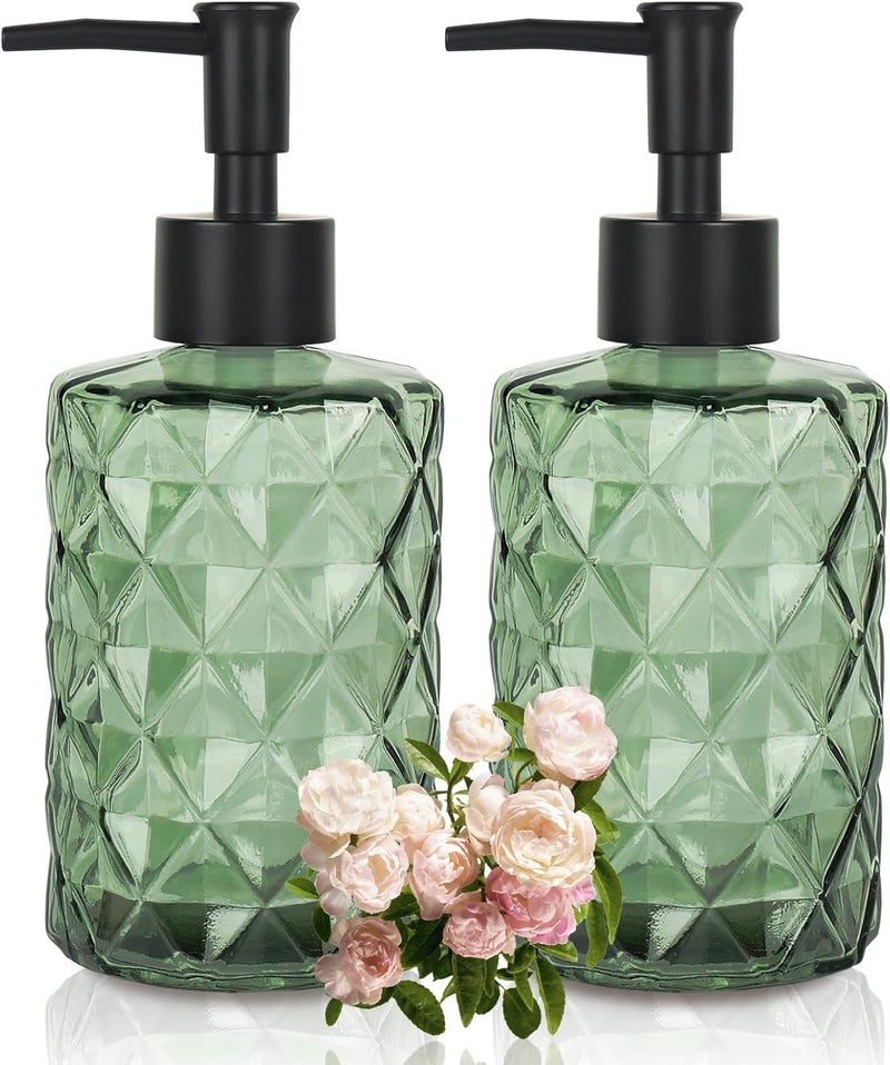 Ulable Clear Green Glass Soap Dispenser with Pump, 12oz Diamond Design Hand Soap Dispenser, Refillable Lotion Dispenser & Dish for Dishwashing Liquid, Shower Gel - Image 1